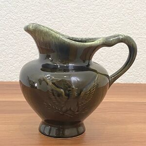 HULL USA F91 Drip Glazed Green 5.5” Pitcher Small Vase with Embossed Eagle